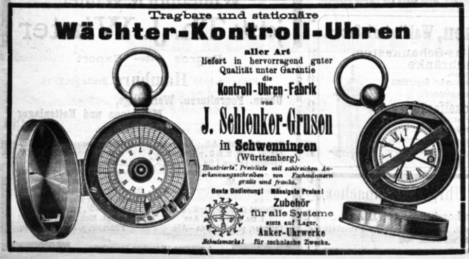 Anzeige der Kontroll-Uhren-Fabrik J. Schlenker-Grusen in der Handels-Zeitung für die gesamte Uhren-Industrie (1899)